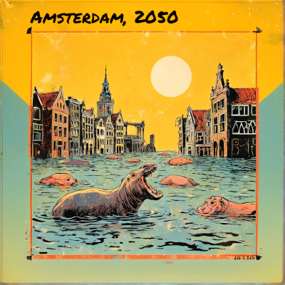 Ilustration of hippos in Amsterdam in the year 2050 because of global warming, Sustainable Web by Injeniero