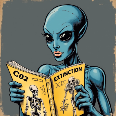 Ilustración alien leyendo extinción humana por calentamiento global Web Sostenible