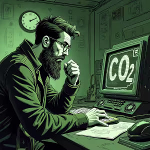 Ilustración de un ingeniero pensado sobre web sostenible en el computador con la palabra CO2 en el monitor