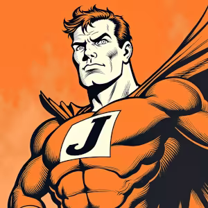 Ilustration of a superhero with the letter J on the chest