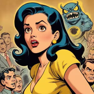 Ilustration of a woman explaining global warming to monsters